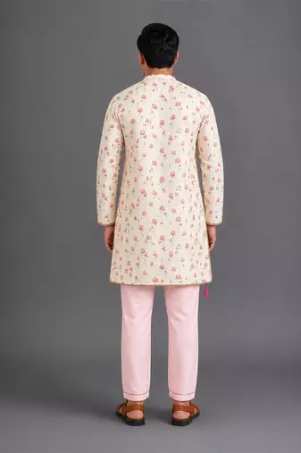 Pink printed cotton silk kurta set