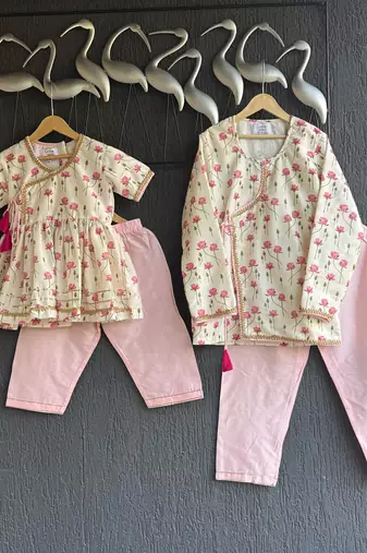 Pink printed cotton silk kurta set