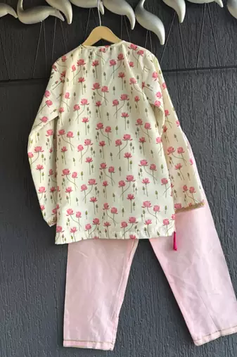 Pink printed cotton silk kurta set