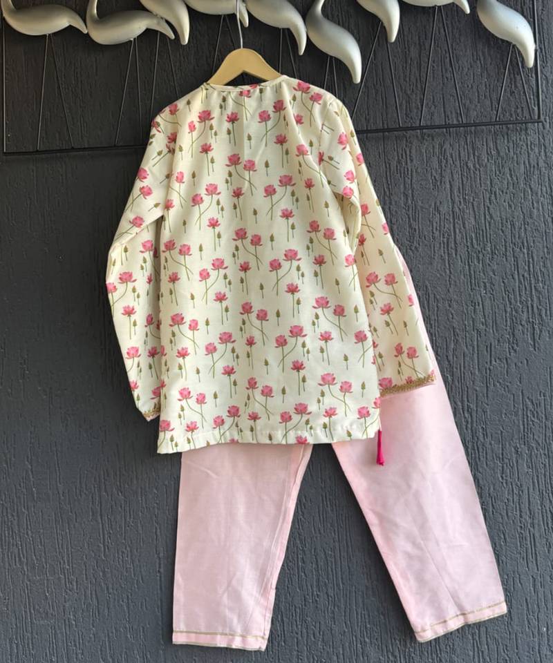 Pink printed cotton silk kurta set