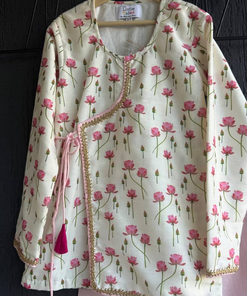 Pink printed cotton silk kurta set