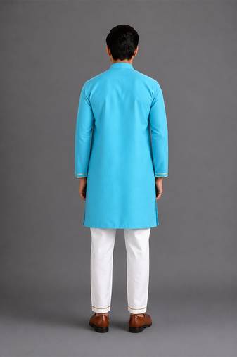 Turquoise blue embroidered cotton silk Men Kurta Set