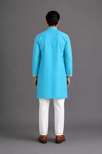 Turquoise blue embroidered cotton silk Men Kurta Set