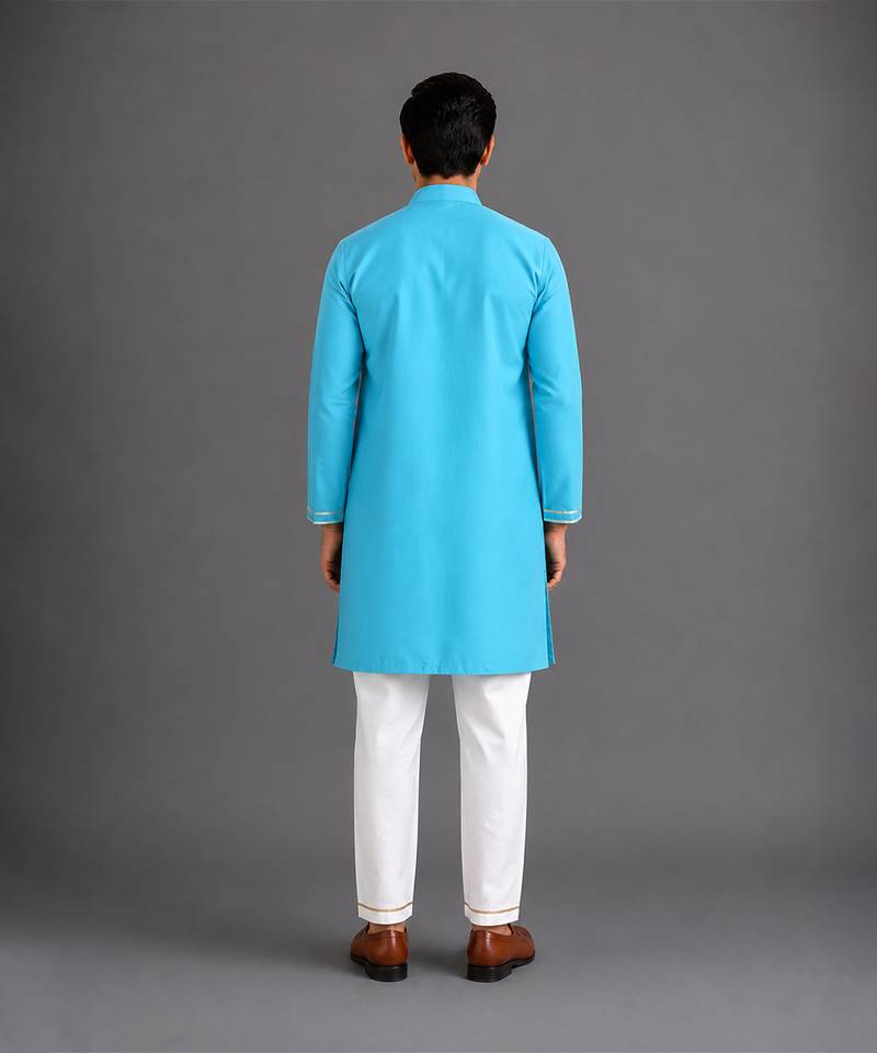 Turquoise blue embroidered cotton silk Men Kurta Set