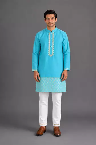 Turquoise blue embroidered cotton silk Men Kurta Set