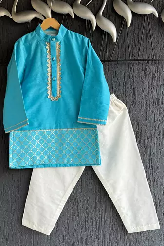 Turquoise blue embroidered cotton silk Men Kurta Set
