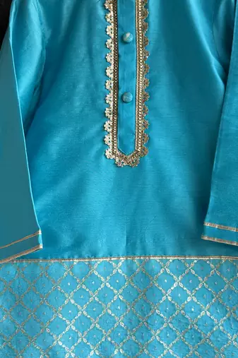 Turquoise blue embroidered cotton silk Men Kurta Set