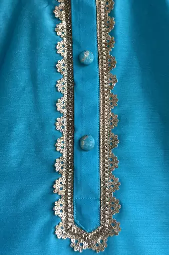 Turquoise blue embroidered cotton silk Men Kurta Set