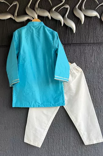 Turquoise blue embroidered cotton silk Men Kurta Set