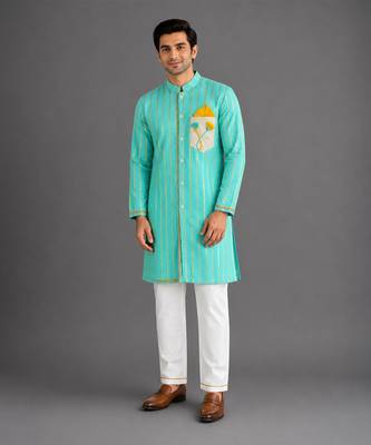 Blue woven cotton silk kurta set 1