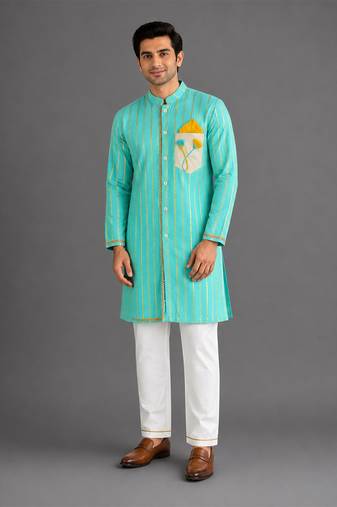 Blue woven cotton silk kurta set