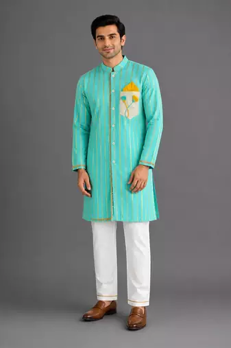 Blue woven cotton silk kurta set