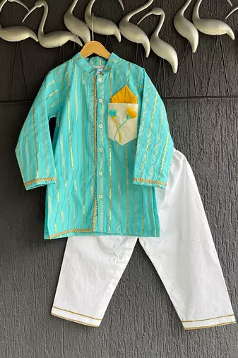 Blue woven cotton silk kurta set