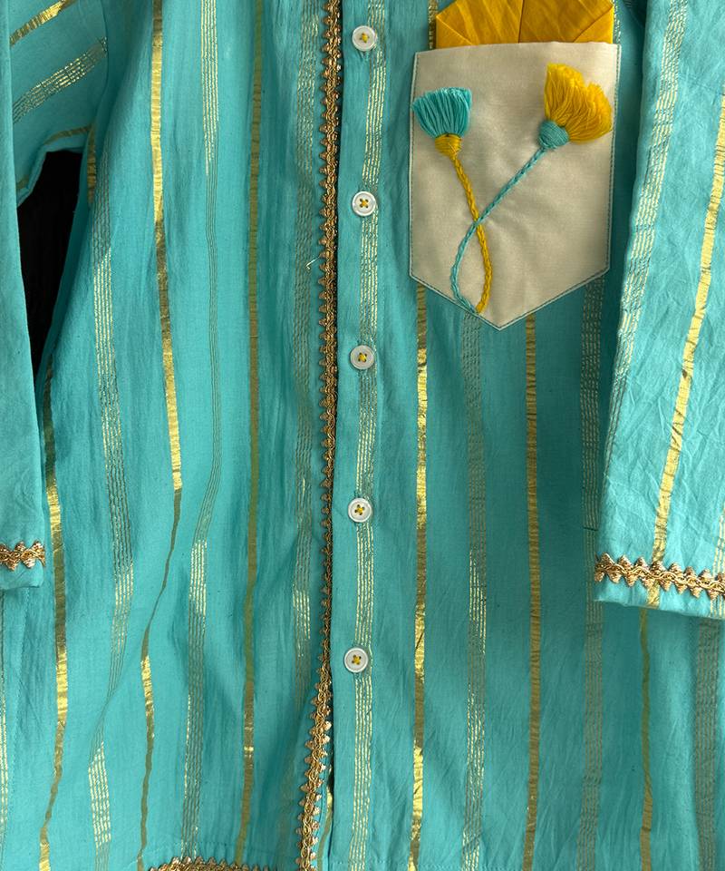 Blue woven cotton silk kurta set