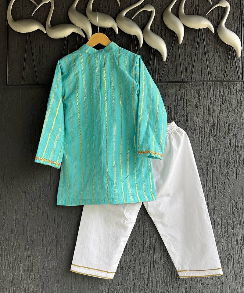 Blue woven cotton silk kurta set
