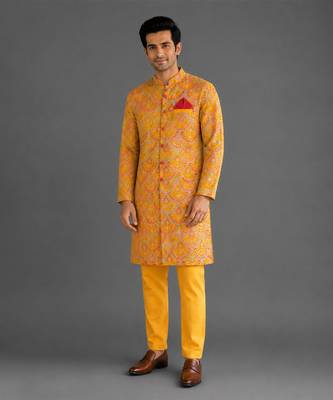 Mustard yellow embroidered cotton silk bandhgala set 1