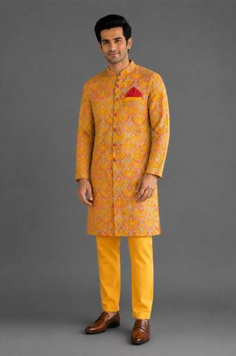 Mustard yellow embroidered cotton silk bandhgala set
