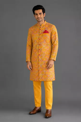 Mustard yellow embroidered cotton silk bandhgala set