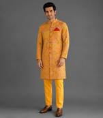 Mustard yellow embroidered cotton silk bandhgala set
