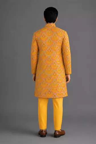 Mustard yellow embroidered cotton silk bandhgala set