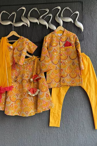 Mustard yellow embroidered cotton silk bandhgala set
