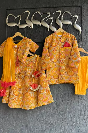 Mustard yellow embroidered cotton silk bandhgala set