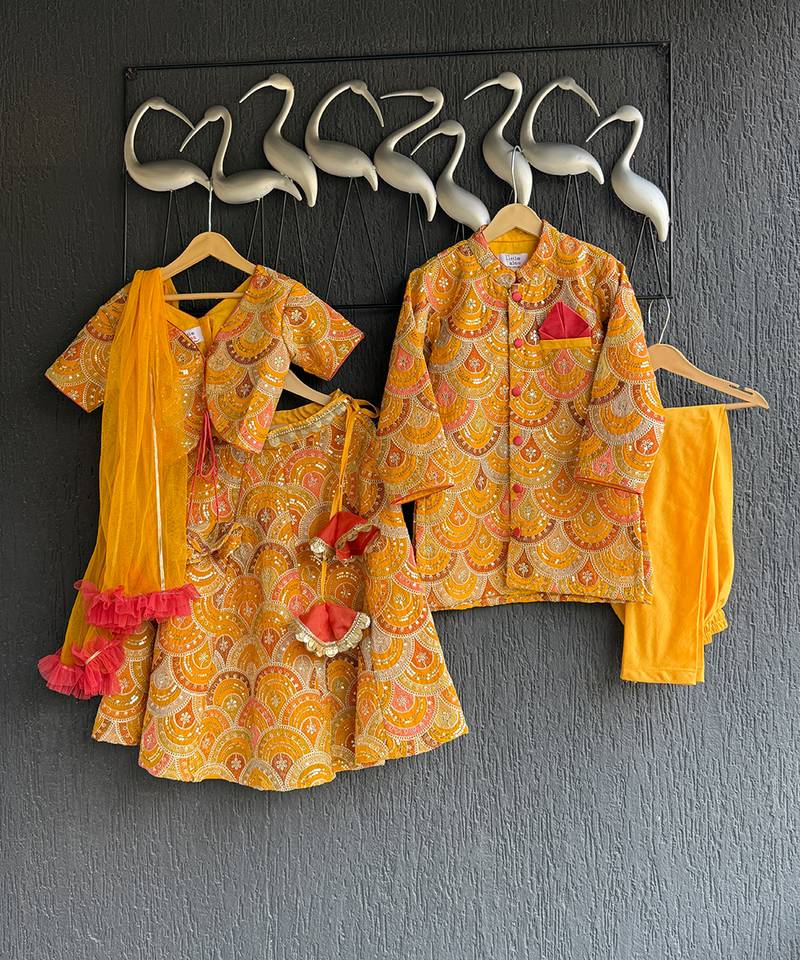 Mustard yellow embroidered cotton silk bandhgala set