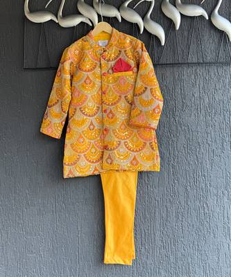 Mustard yellow embroidered cotton silk bandhgala set 5