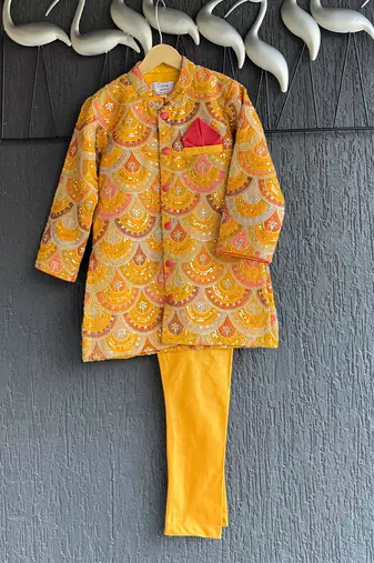 Mustard yellow embroidered cotton silk bandhgala set