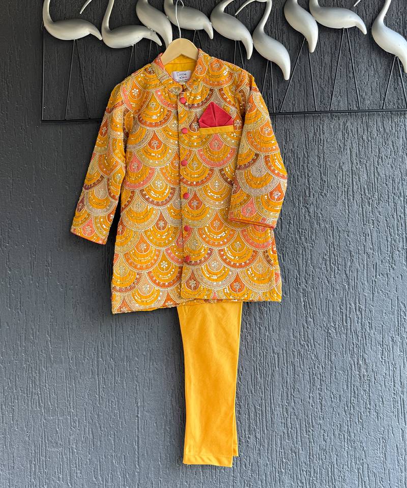 Mustard yellow embroidered cotton silk bandhgala set