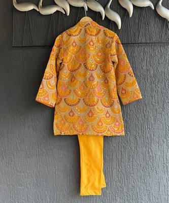 Mustard yellow embroidered cotton silk bandhgala set 7