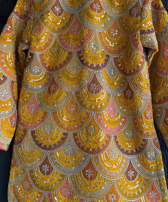 Mustard yellow embroidered cotton silk bandhgala set 8