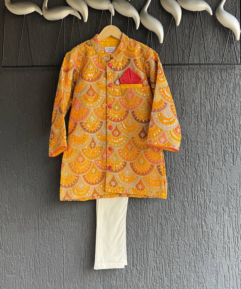 Mustard yellow embroidered cotton silk bandhgala set