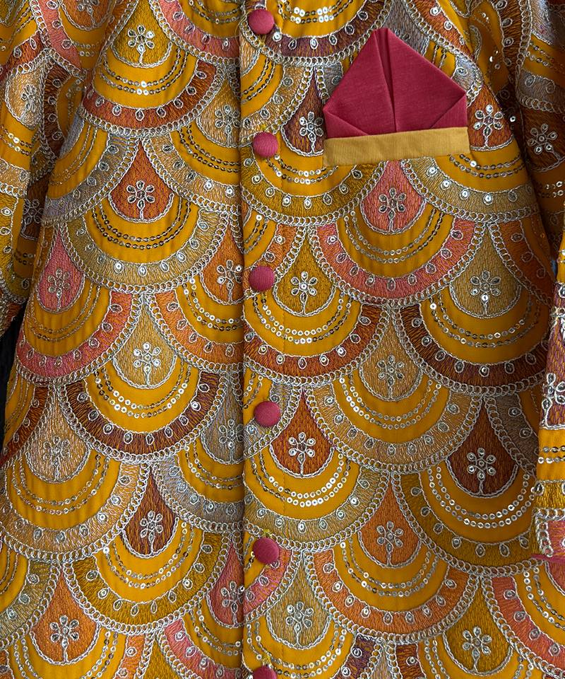 Mustard yellow embroidered cotton silk bandhgala set