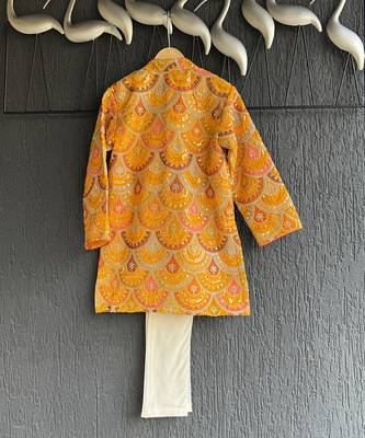 Mustard yellow embroidered cotton silk bandhgala set 11