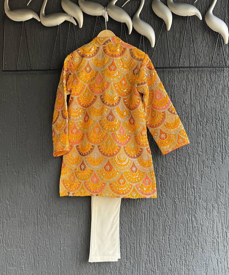 Mustard yellow embroidered cotton silk bandhgala set