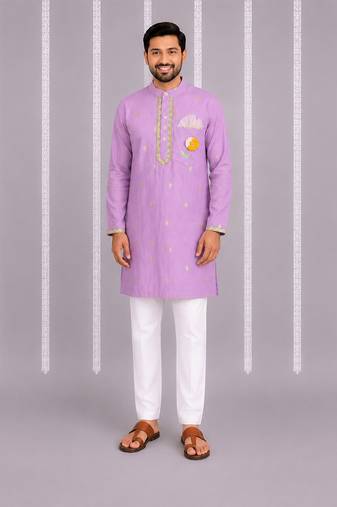 Lavender floral printed cotton silk Men Kurta Set