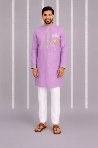 Lavender floral printed cotton silk Men Kurta Set