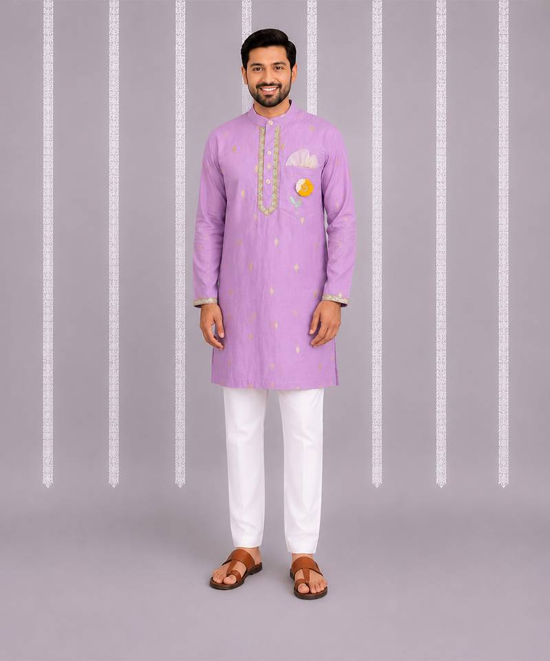 Lavender floral printed cotton silk Men Kurta Set