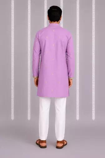Lavender floral printed cotton silk Men Kurta Set
