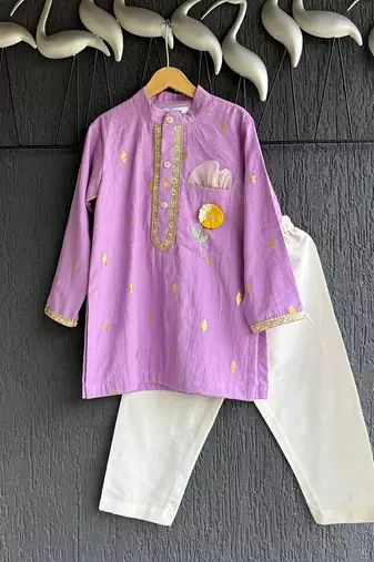 Lavender floral printed cotton silk Men Kurta Set