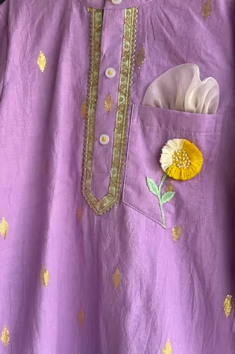 Lavender floral printed cotton silk Men Kurta Set