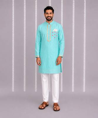 Aqua blue printed cotton silk Men Kurta Set 1