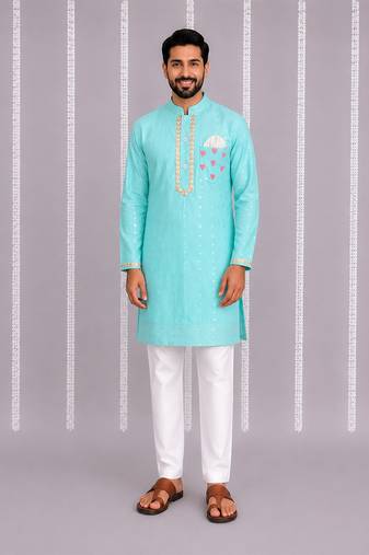 Aqua blue printed cotton silk Men Kurta Set