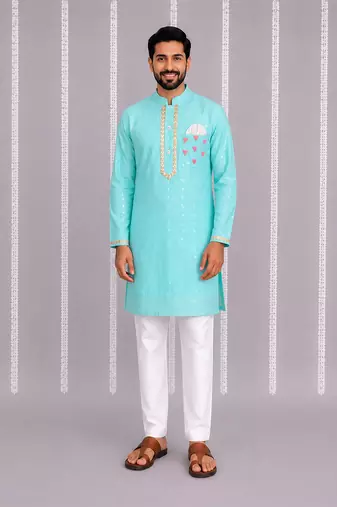 Aqua blue printed cotton silk Men Kurta Set