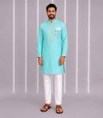 Aqua blue printed cotton silk Men Kurta Set