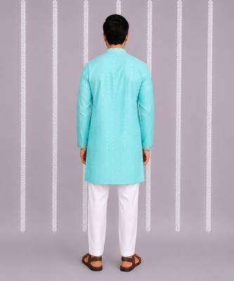 Aqua blue printed cotton silk Men Kurta Set 2