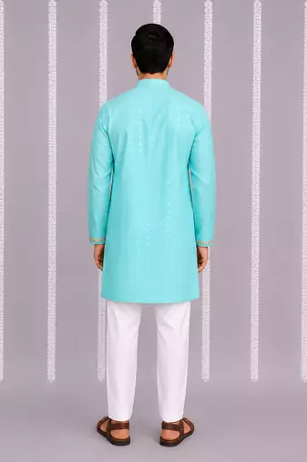 Aqua blue printed cotton silk Men Kurta Set
