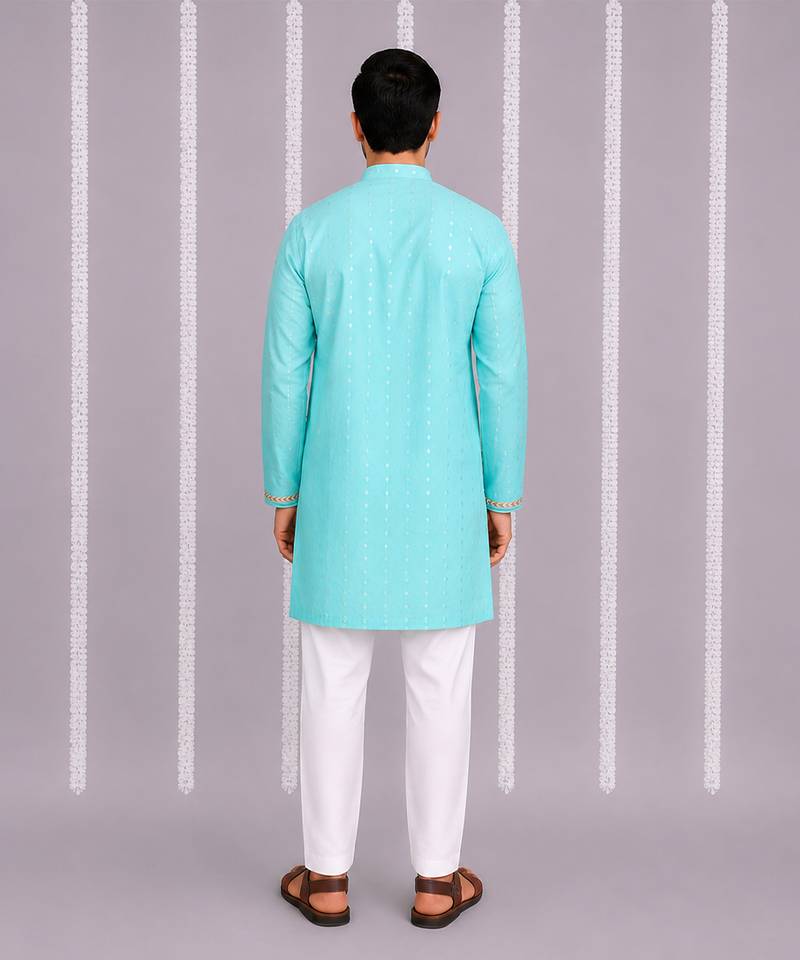 Aqua blue printed cotton silk Men Kurta Set
