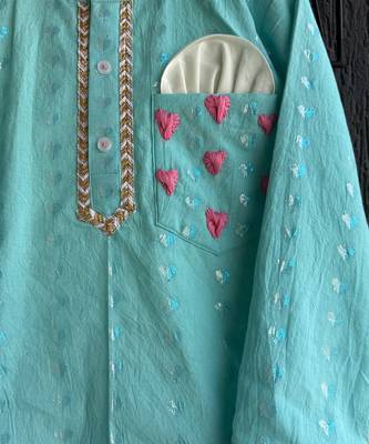 Aqua blue printed cotton silk Men Kurta Set 3